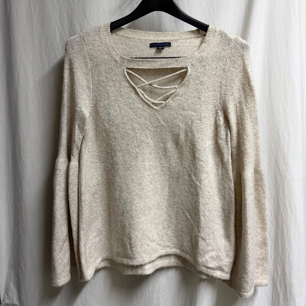 American Eagle Lattice Neck Bell Sleeve Sweater Cream Oatmeal Knit Womens Medium